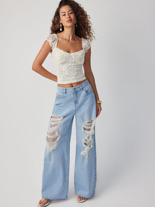 Denim Mid Rise Lace Cut Out Metal Detail Wide Leg Jeans