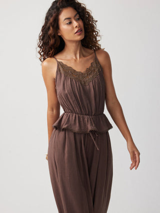 Textured V-neck Lace Trim Peplum Hem High Rise Barrel-leg Jumpsuit