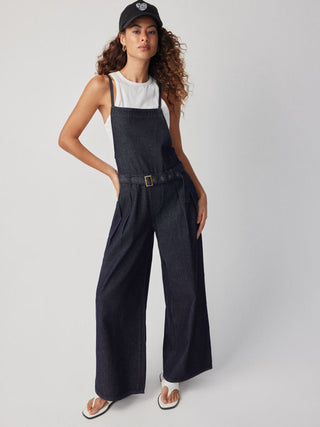 Denim Mid Rise Metal Detail Oversized Wide Leg Jumpsuit With Belt