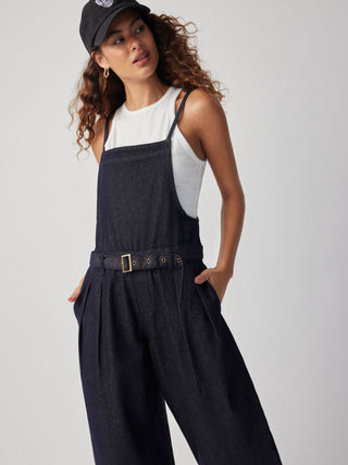 Denim Mid Rise Metal Detail Oversized Wide Leg Jumpsuit With Belt