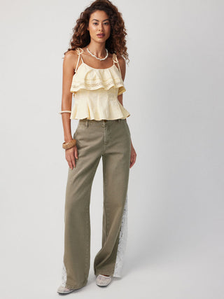 Cotton Jacquard Broderie Anglaise Scoop Neck Knotted Ruffle Peplum Cami Blouse