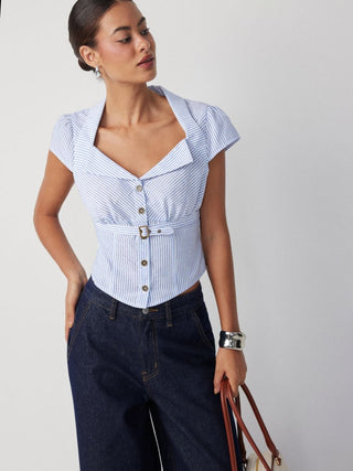 Cotton-blend Stripe Collar Metal Button Belted Blouses