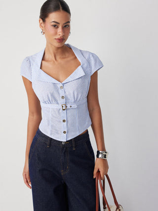 Cotton-blend Stripe Collar Metal Button Belted Blouses