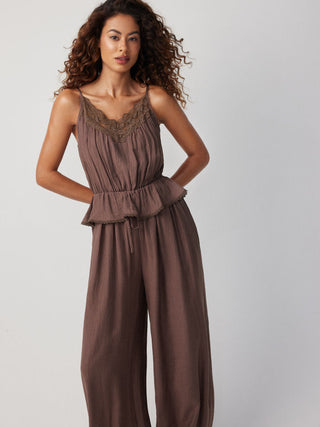 Textured V-neck Lace Trim Peplum Hem High Rise Barrel-leg Jumpsuit