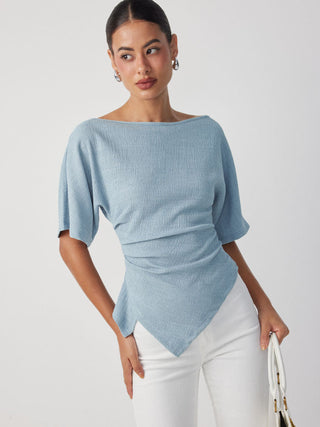 Textured Boat Neck Ruched Asymmetrical Hem Short Sleeve Tee