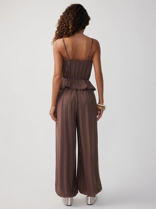 Textured V-neck Lace Trim Peplum Hem High Rise Barrel-leg Jumpsuit