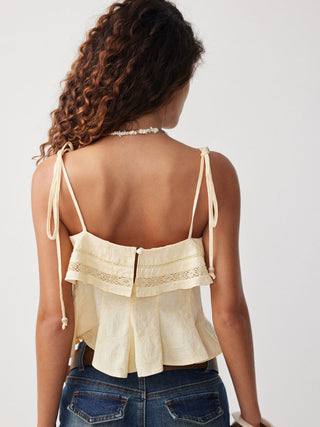 Cotton Jacquard Broderie Anglaise Scoop Neck Knotted Ruffle Peplum Cami Blouse