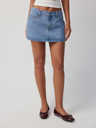Denim Low Rise Strawberry Graphic Washed Metal Detail A-line Micro Mini Skirt