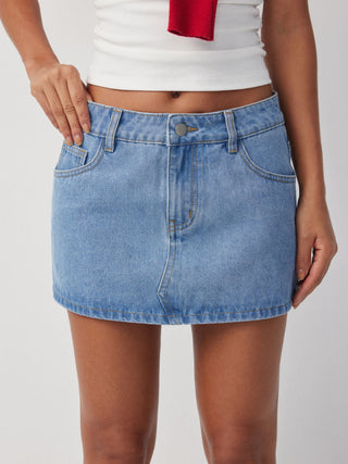 Denim Low Rise Strawberry Graphic Washed Metal Detail A-line Micro Mini Skirt