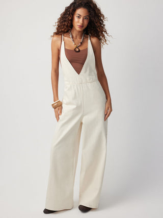 Denim Mid Rise V-neck Backless Pearl Detail Wide Leg Oversized Jumpsuit