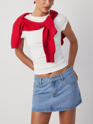 Denim Low Rise Strawberry Graphic Washed Metal Detail A-line Micro Mini Skirt