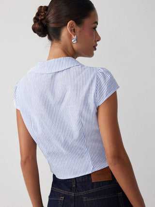 Cotton-blend Stripe Collar Metal Button Belted Blouses