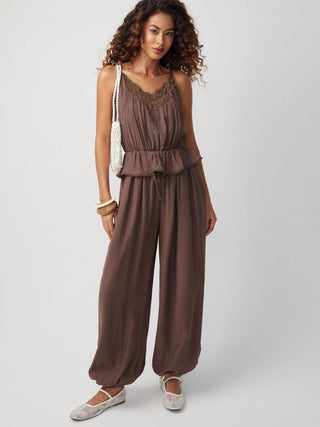 Textured V-neck Lace Trim Peplum Hem High Rise Barrel-leg Jumpsuit