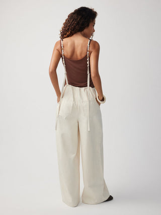 Denim Mid Rise V-neck Backless Pearl Detail Wide Leg Oversized Jumpsuit
