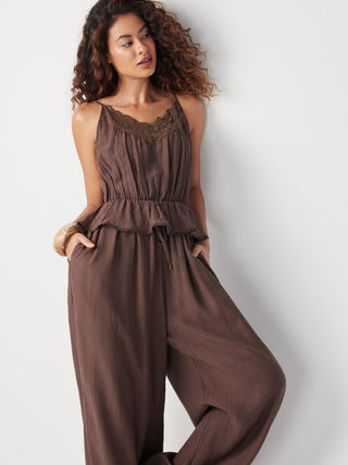 Textured V-neck Lace Trim Peplum Hem High Rise Barrel-leg Jumpsuit