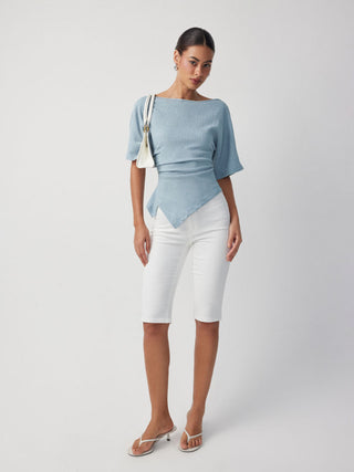 Textured Boat Neck Ruched Asymmetrical Hem Short Sleeve Tee