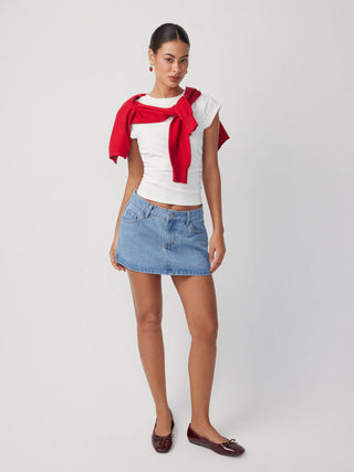 Denim Low Rise Strawberry Graphic Washed Metal Detail A-line Micro Mini Skirt
