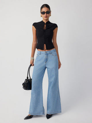 Denim Mid Rise Flared Tapered Back Metal Detail Trousers