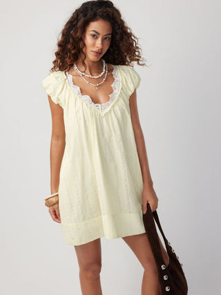 Textured V-neck Puff Sleeve Lace Trim Oversized A-line Mini Dress