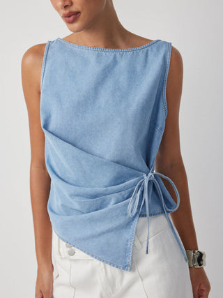 Washed Denim Boat Neck Wrap Tie Waist Asymmetrical Hem Vest