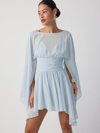 Chiffon Boat Neck Cloak Sleeve Hanky Hem Smocked Oversized Romper