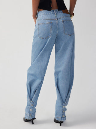 Denim Mid Rise Flared Tapered Back Metal Detail Trousers