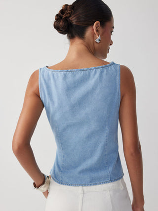 Washed Denim Boat Neck Wrap Tie Waist Asymmetrical Hem Vest