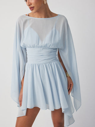 Chiffon Boat Neck Cloak Sleeve Hanky Hem Smocked Oversized Romper