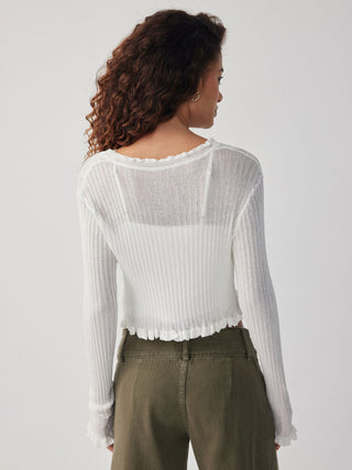 Knit Textured V-neck Tie Front Ruffle Sleeve Crop Top