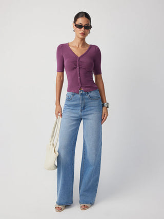 V-neck Mid-length Sleeve Ruched Split Hem Top