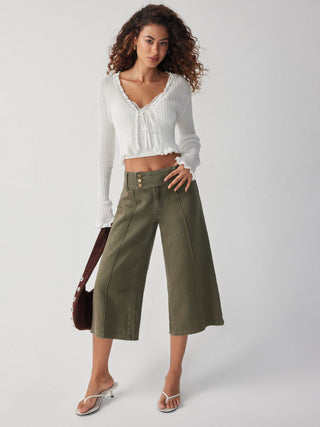 Knit Textured V-neck Tie Front Ruffle Sleeve Crop Top