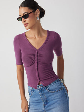 V-neck Mid-length Sleeve Ruched Split Hem Top