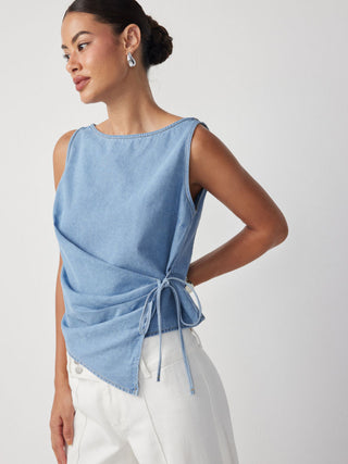 Washed Denim Boat Neck Wrap Tie Waist Asymmetrical Hem Vest