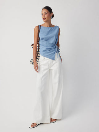 Washed Denim Boat Neck Wrap Tie Waist Asymmetrical Hem Vest