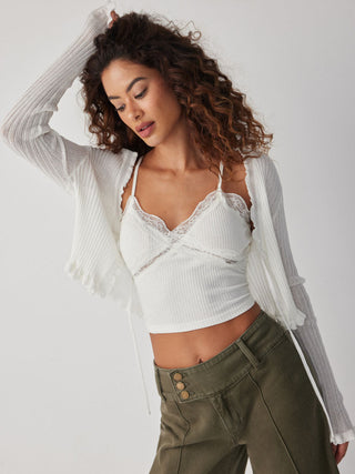Knit Textured V-neck Tie Front Ruffle Sleeve Crop Top