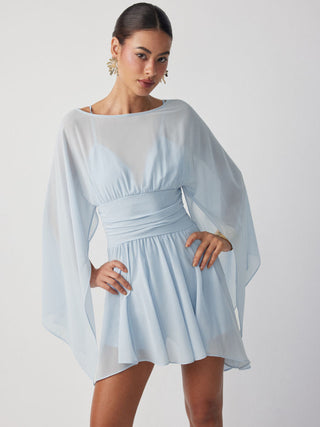 Chiffon Boat Neck Cloak Sleeve Hanky Hem Smocked Oversized Romper