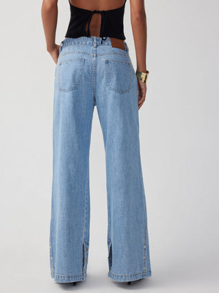 Denim Mid Rise Flared Tapered Back Metal Detail Trousers