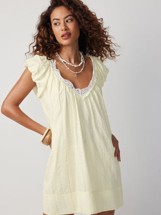 Textured V-neck Puff Sleeve Lace Trim Oversized A-line Mini Dress