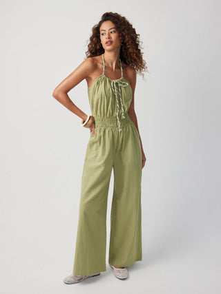 Cotton Scoop Neck Shirred Bowknot Mid Rise Wide Leg Jumpsuit