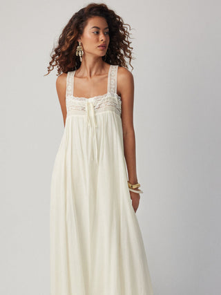 Cotton Square Neck Lace Trim Bowknot Maxi Dress