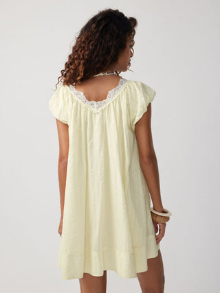 Textured V-neck Puff Sleeve Lace Trim Oversized A-line Mini Dress