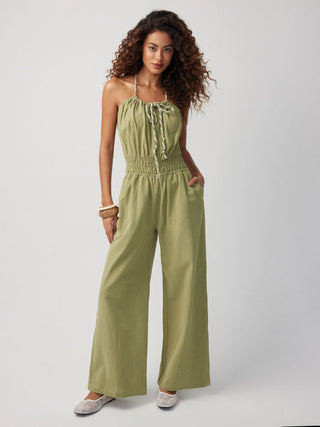 Cotton Scoop Neck Shirred Bowknot Mid Rise Wide Leg Jumpsuit