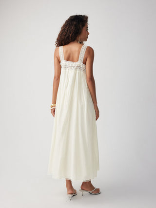 Cotton Square Neck Lace Trim Bowknot Maxi Dress