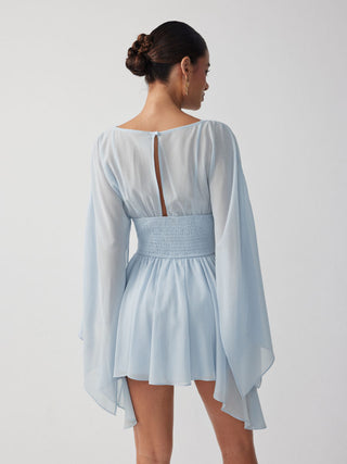 Chiffon Boat Neck Cloak Sleeve Hanky Hem Smocked Oversized Romper