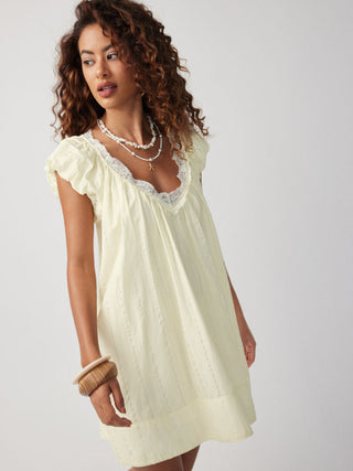 Textured V-neck Puff Sleeve Lace Trim Oversized A-line Mini Dress