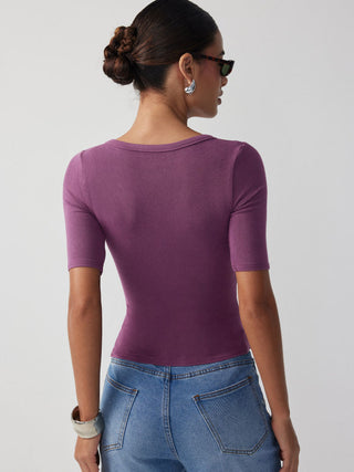 V-neck Mid-length Sleeve Ruched Split Hem Top