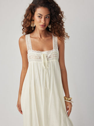 Cotton Square Neck Lace Trim Bowknot Maxi Dress