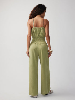 Cotton Scoop Neck Shirred Bowknot Mid Rise Wide Leg Jumpsuit