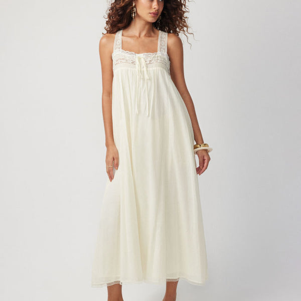 Cotton Square Neck Lace Trim Bowknot Maxi Dress