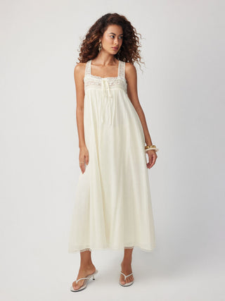 Cotton Square Neck Lace Trim Bowknot Maxi Dress